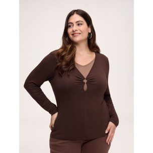 Fiorella Rubino - T-shirt bimaterica con inserto scollo a V - Marrone