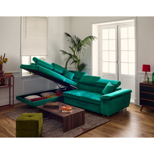 Dimas - canapé d'angle gauche 5 places - convertible avec coffre et têtières réglables - en velours - Vert