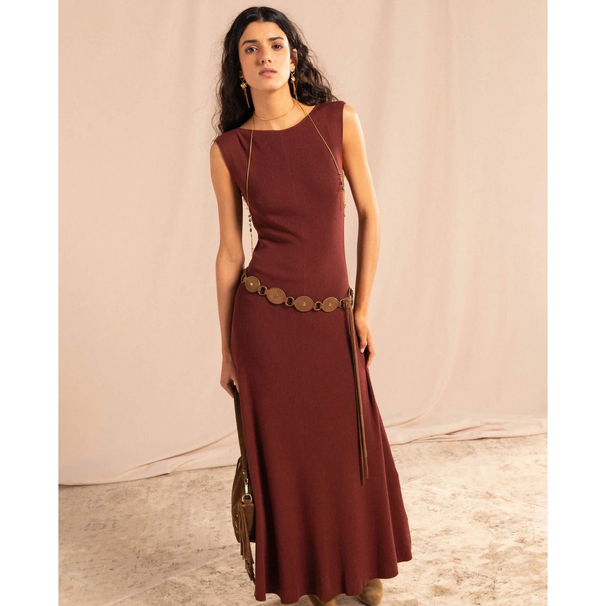 Vestido de punto canalé evasé de mujer