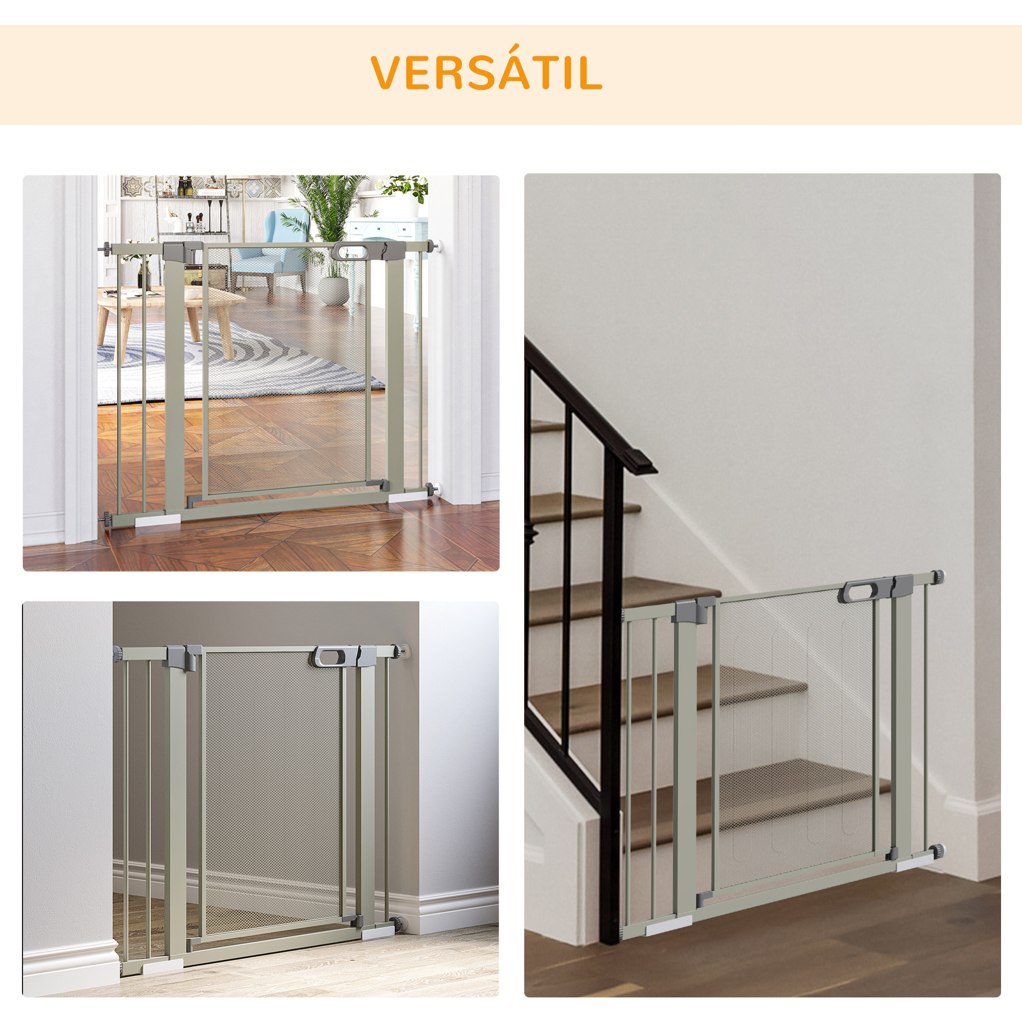 Barrera de Seguridad para Perros Extensible 75-103 cm Barrera para Escalera Puerta con 2 Extensiones Doble Bloqueo Cierre Automático Gris