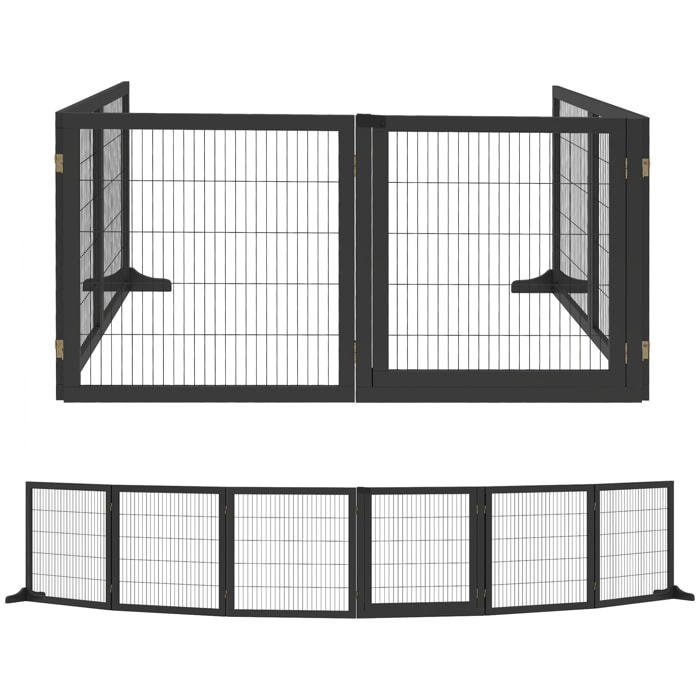 Barrière de sécurité parc enclos chien modulable pliable porte verrouillable intégrée 5 panneaux grillage acier noir bois de pin noir