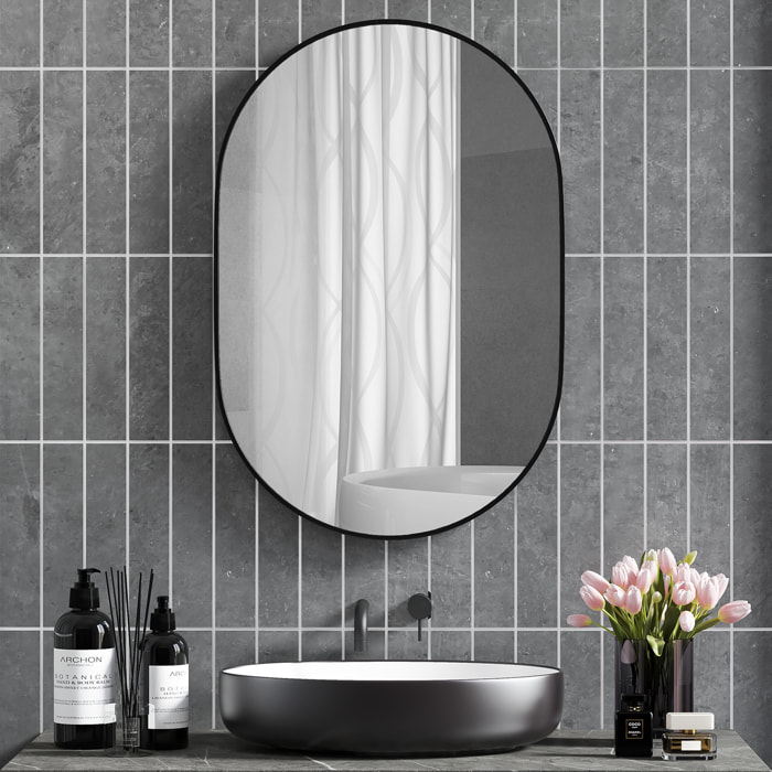 Miroir mural ovale dim. 60L x 90H cm cadre arrondi montage vertical/horizontal alu. noir