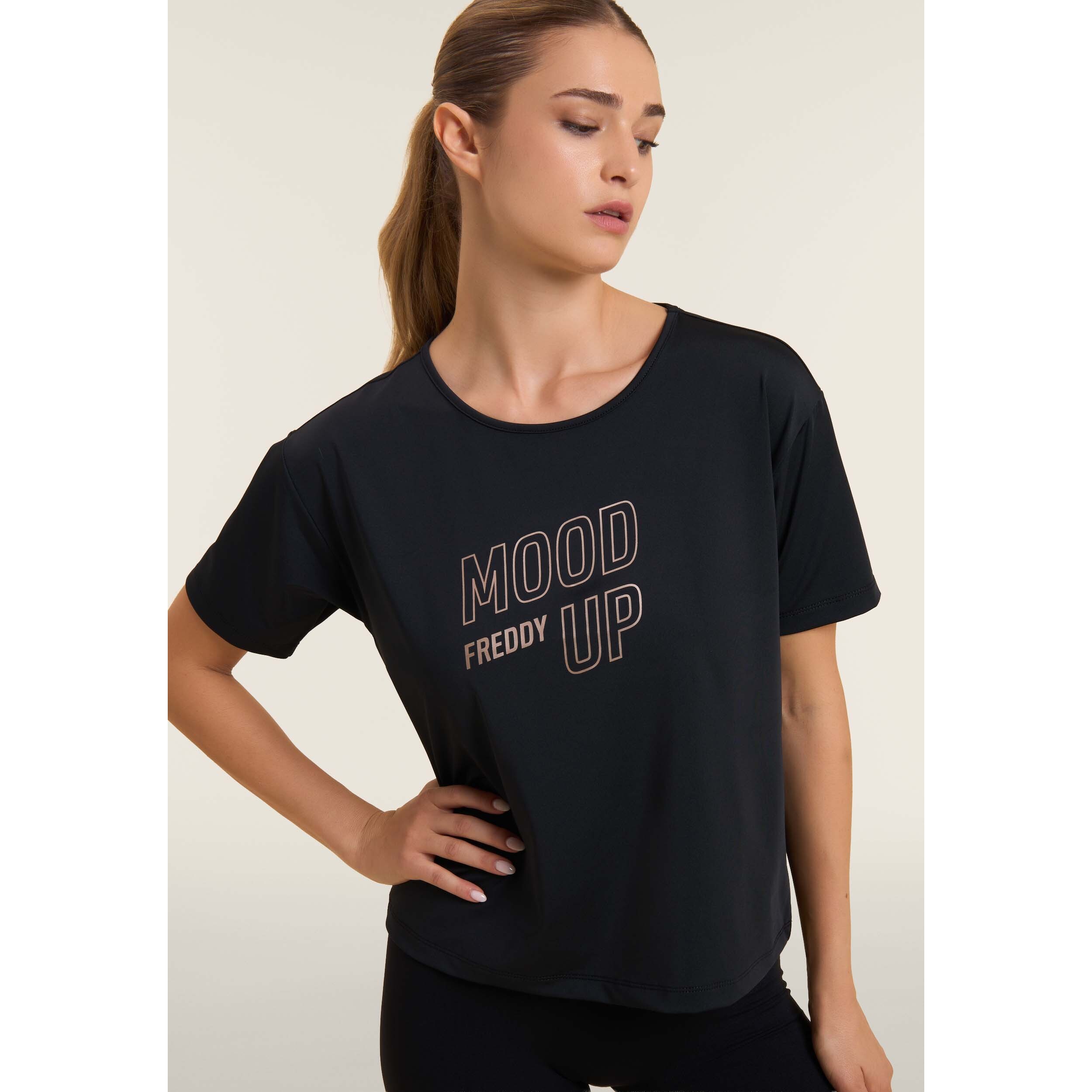 T-shirt cropped con maniche ampie e stampa Mood Up