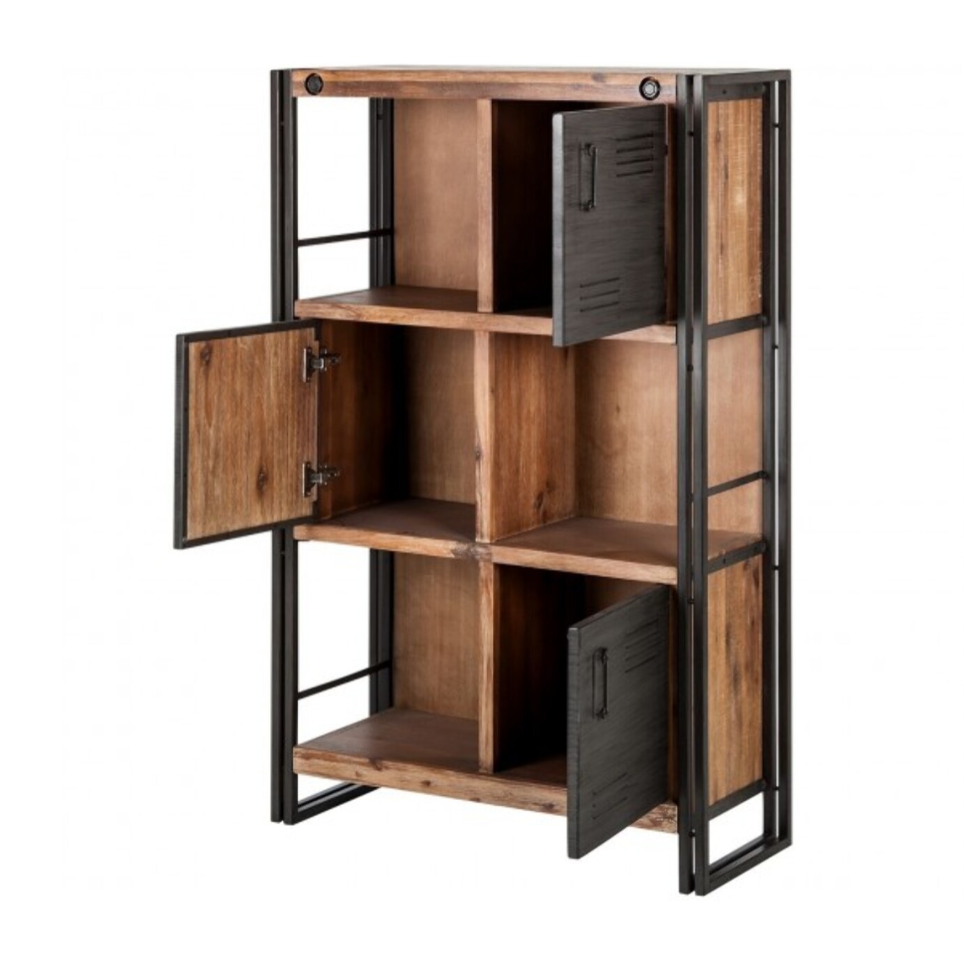 Bibliothèque en bois 3 niches/3 casiers avec portes en métal - ATELIER