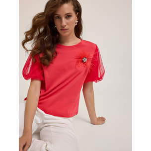 Motivi - Camiseta con broche joya y plumas - Rojo