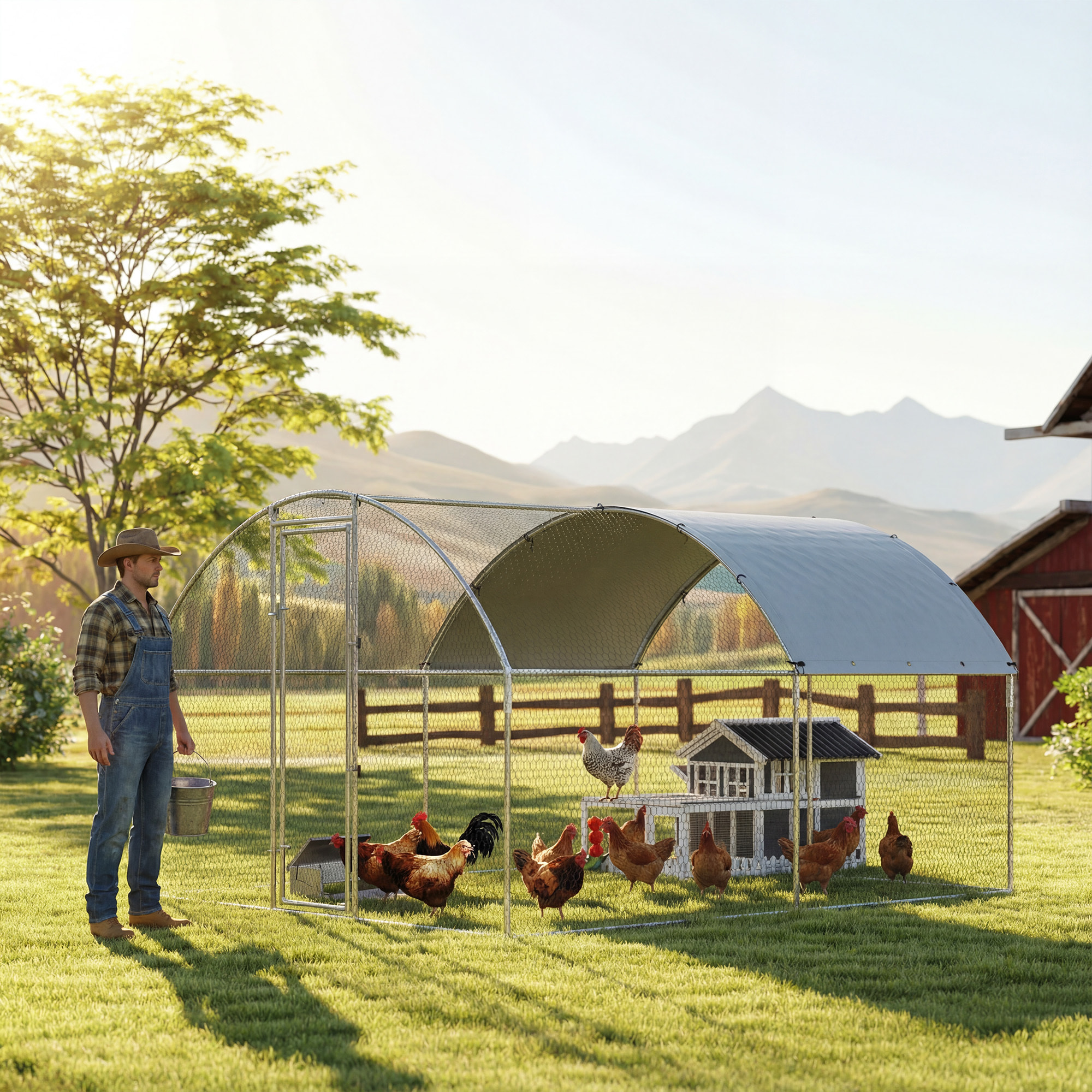 Gallinero para Exterior Grande 2,8x3,4x1,9 m, 9,5 m², Gallinero de Acero Galvanizado con Cubierta de Tela Oxford, Anti-UV e Impermeable, Puerta y Pestillos, Jaula para 10-16 Gallinas, Plata