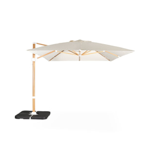 Parasol déporté rectangulaire écru 3x4m. mât effet bois + Dalles à lester 50x50cm