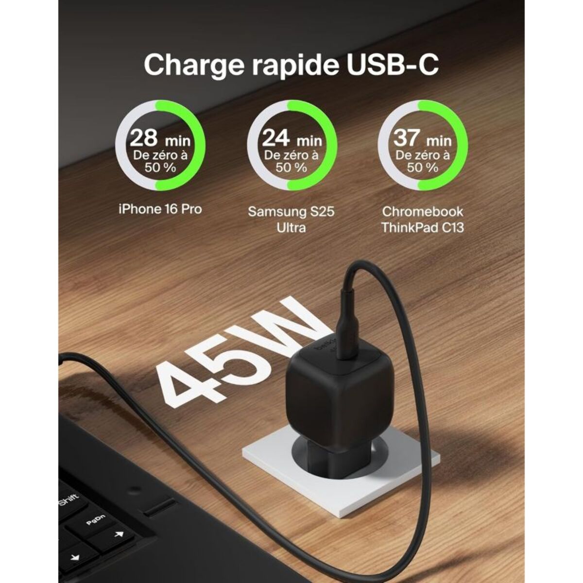 Chargeur BELKIN 45W USB charge rapide & cable 1M Noir
