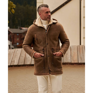 Cappotto Montone Shearling color fango con cappuccio staccabile