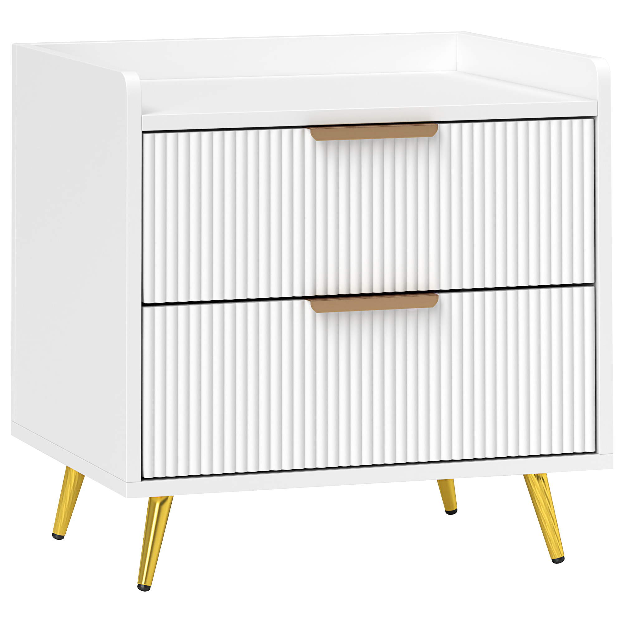 Chevet table de nuit design cannelé doré 2 tiroirs plateau rebord blanc