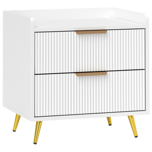 Chevet table de nuit design cannelé doré 2 tiroirs plateau rebord blanc