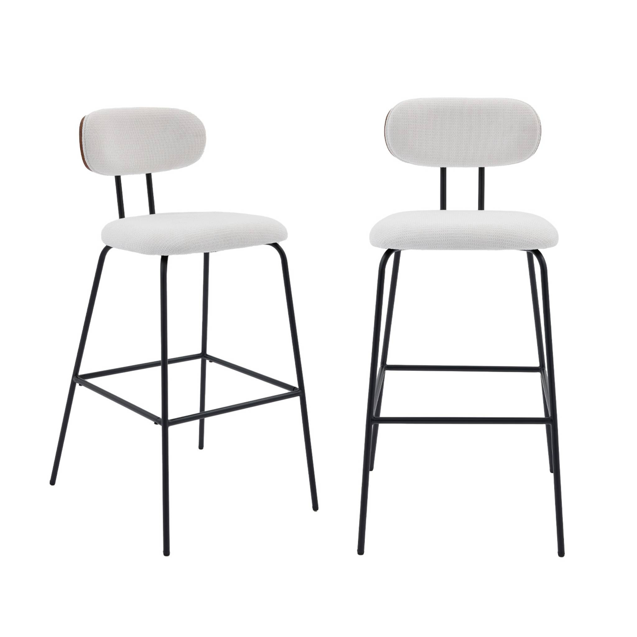 2 tabourets de bar décor bois courbé teinté noyer et tissu déperlant blanc. pieds métal noir mat (lot de 2) - L 44 x P 51 x H 103cm - Erin
