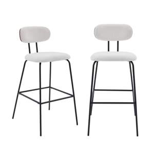 2 tabourets de bar décor bois courbé teinté noyer et tissu déperlant blanc. pieds métal noir mat (lot de 2) - L 44 x P 51 x H 103cm - Erin