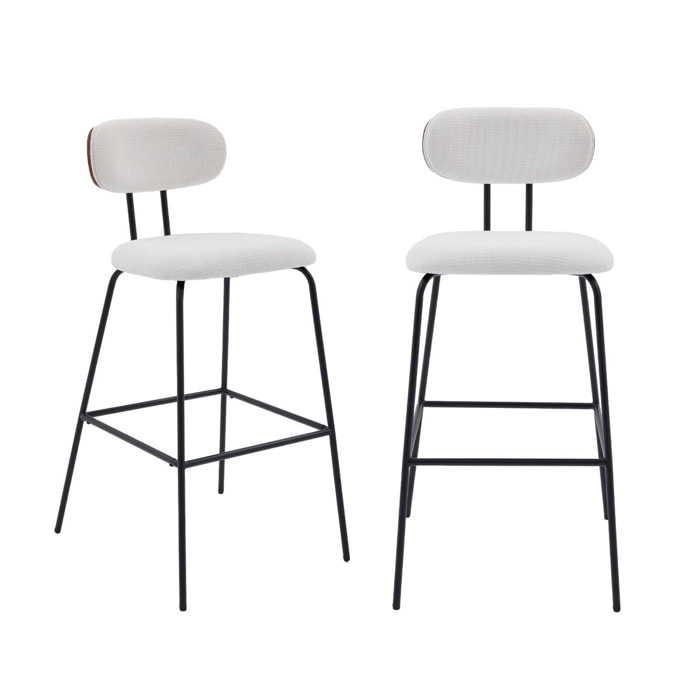 2 tabourets de bar décor bois courbé teinté noyer et tissu déperlant blanc. pieds métal noir mat (lot de 2) - L 44 x P 51 x H 103cm - Erin