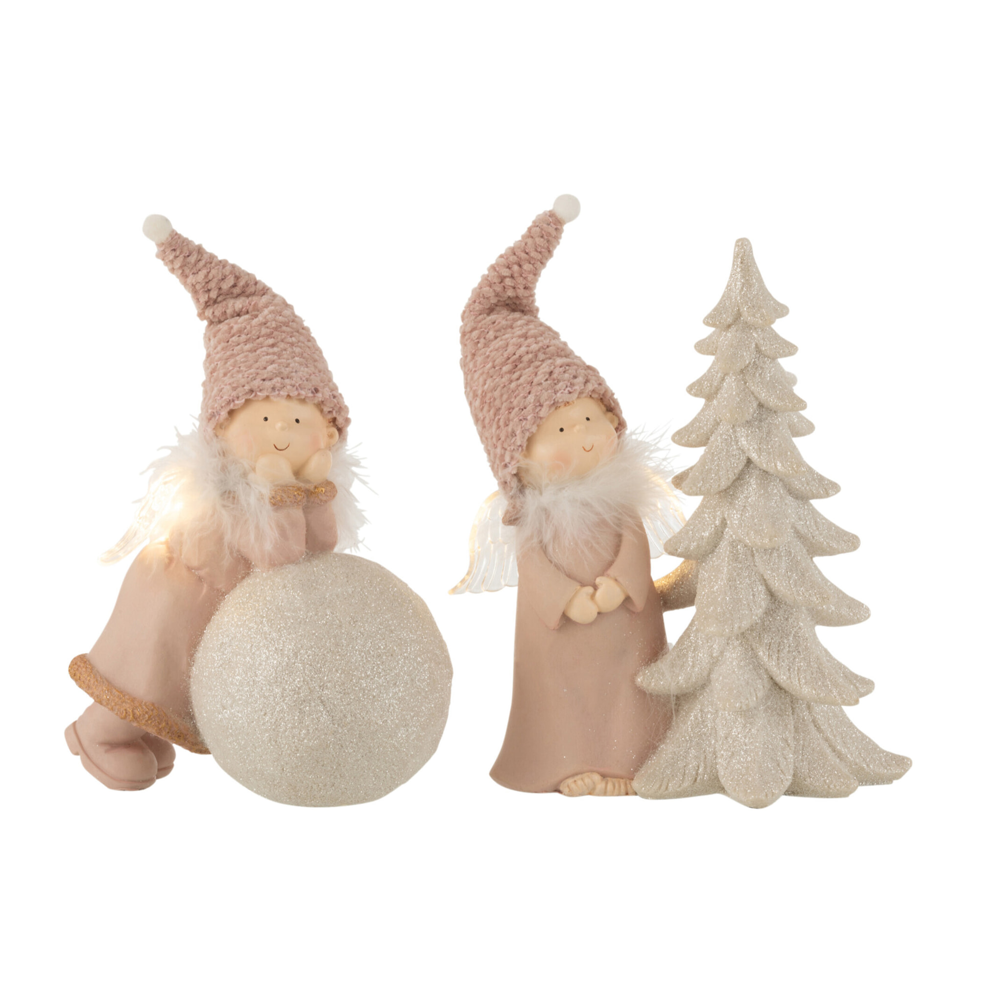 J-Line figurine de Noël Ange Boule + Arbre - polyrésine - rose - large - 2 pcs