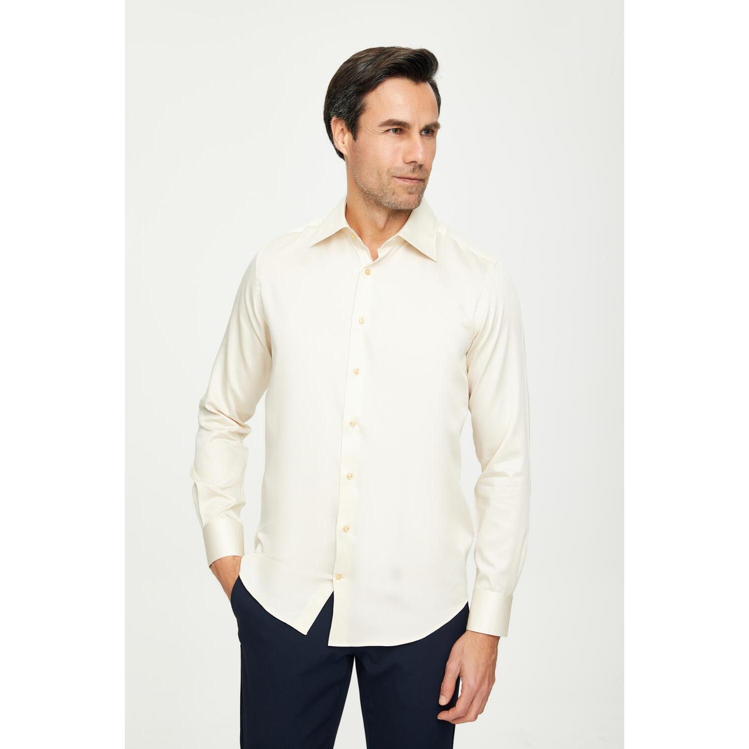 Camicia Uomo 1 Bottone Italiano Slim Satin Unito Champagne