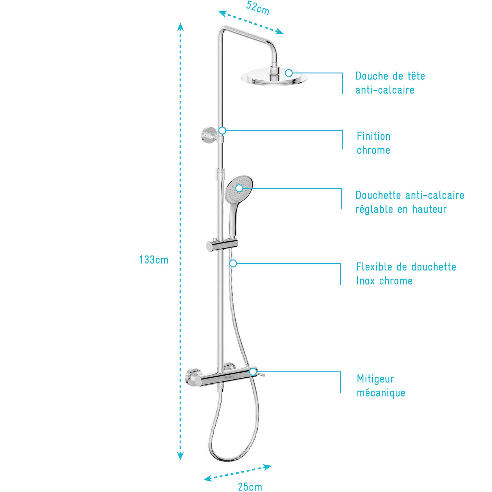 Colonne de douche Mécanique finition Chrome 133x26x52 cm - MOLLY CHROME