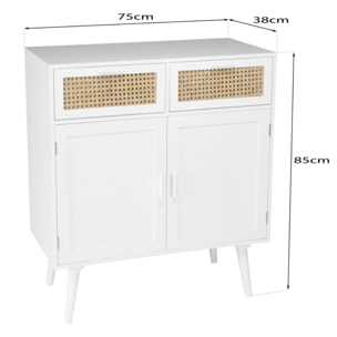 SANDRO - Buffet blanc 2 portes 2 tiroirs cannage naturel