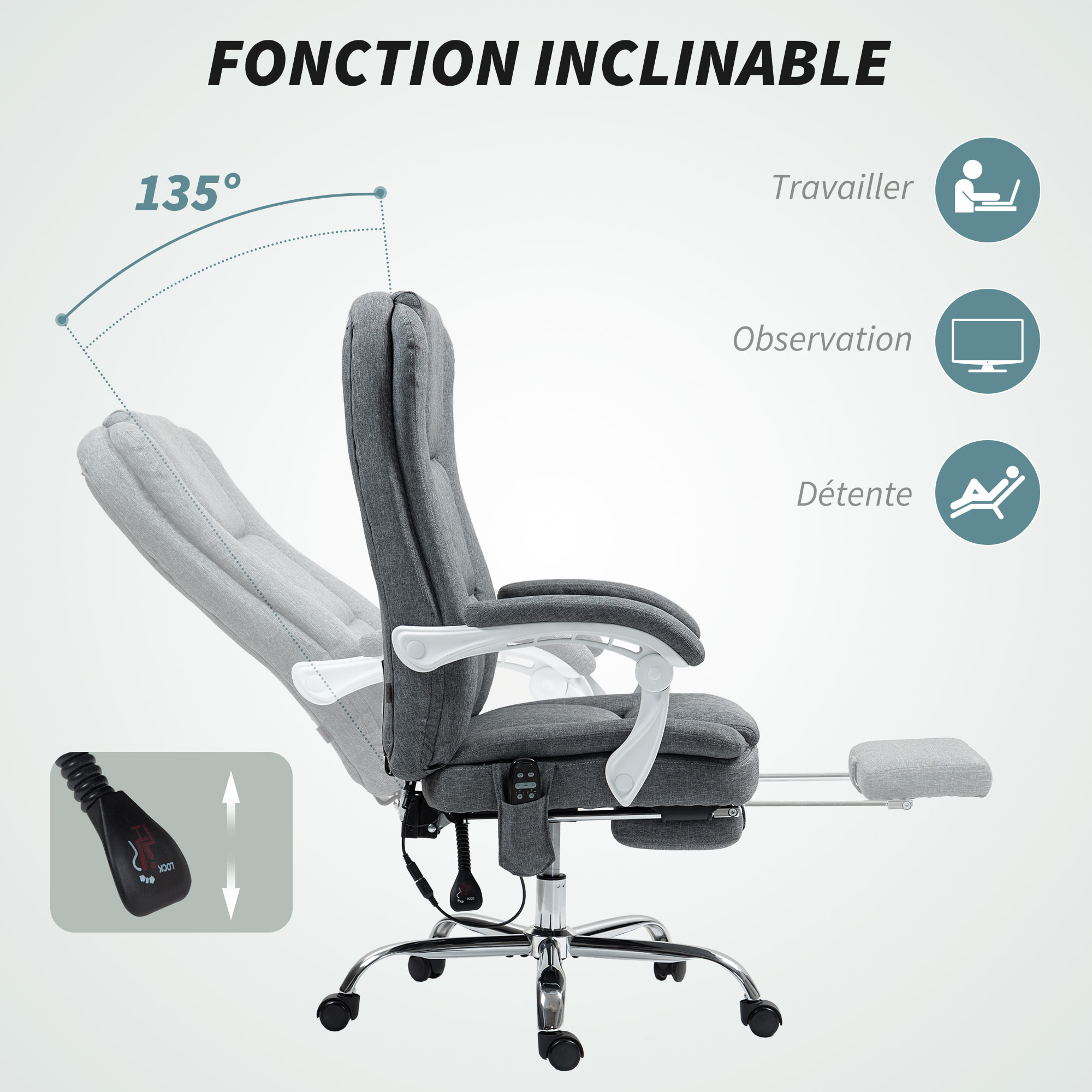 Fauteuil de bureau massant chauffant inclinable repose-pieds rétractable tissu toucher lin gris