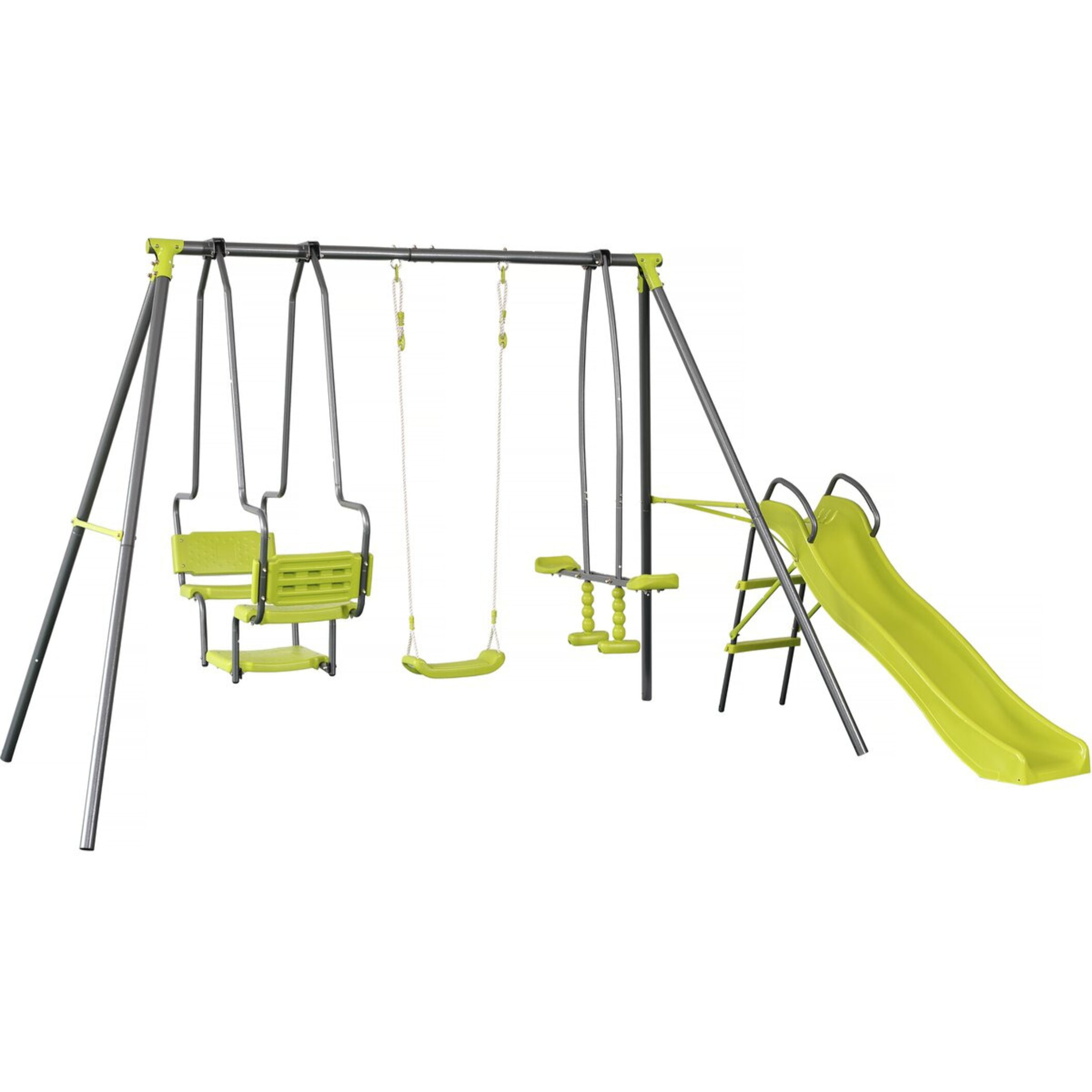 Portique en métal avec toboggan "Ludo II" avec 4 agrès - Vert