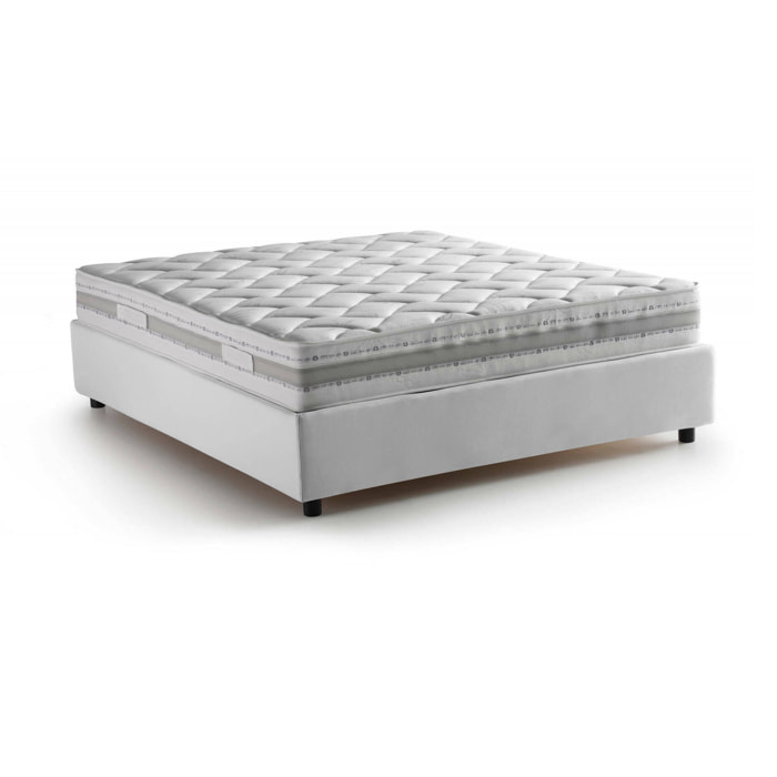 Letto matrimoniale Apel, Letto contenitore con rivestimento in tessuto, 100% Made in Italy, Apertura frontale, con materasso Cm 160x190 incluso, Bianco