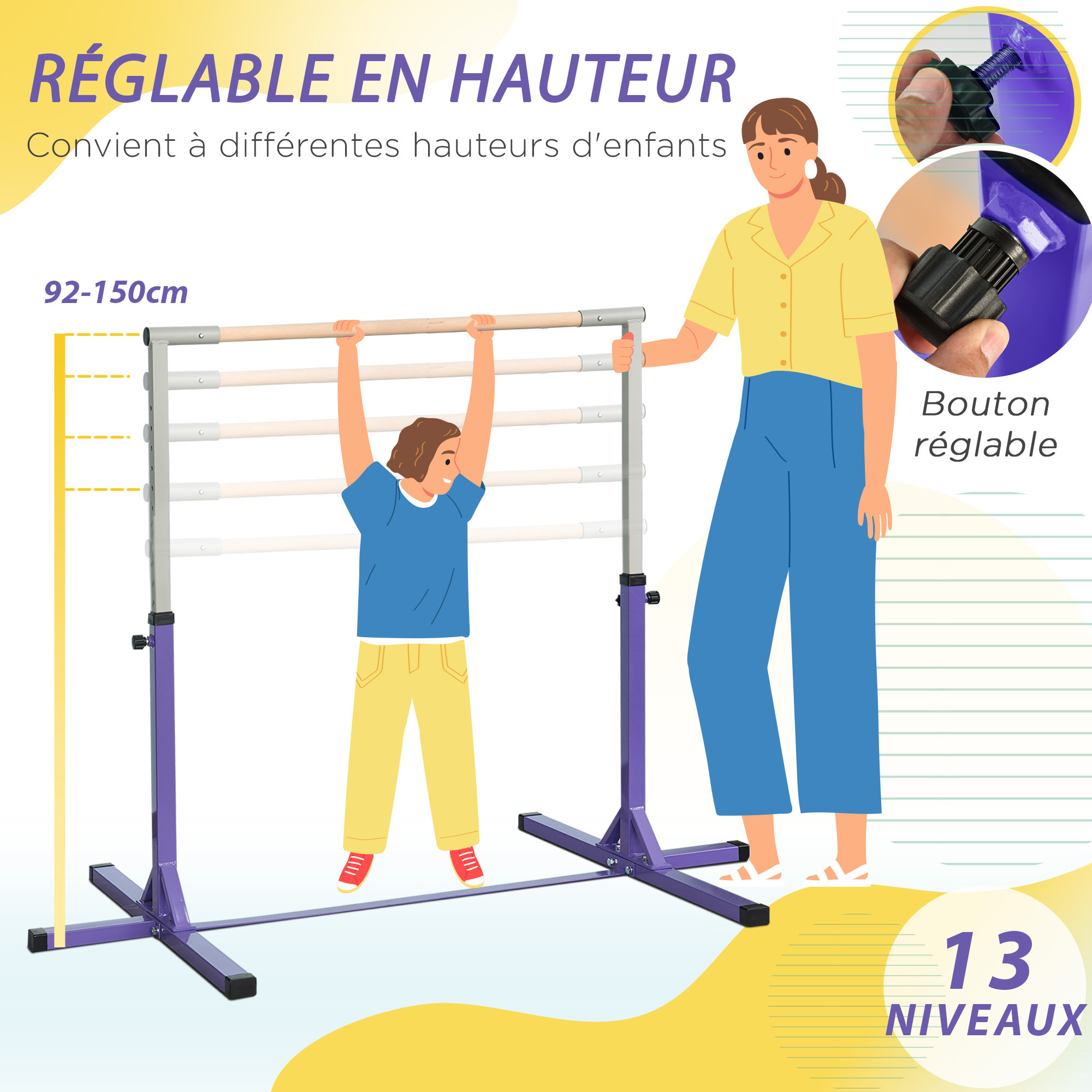 Barre fixe de gymnastique enfant hauteur réglable 13 niveaux acier hêtre