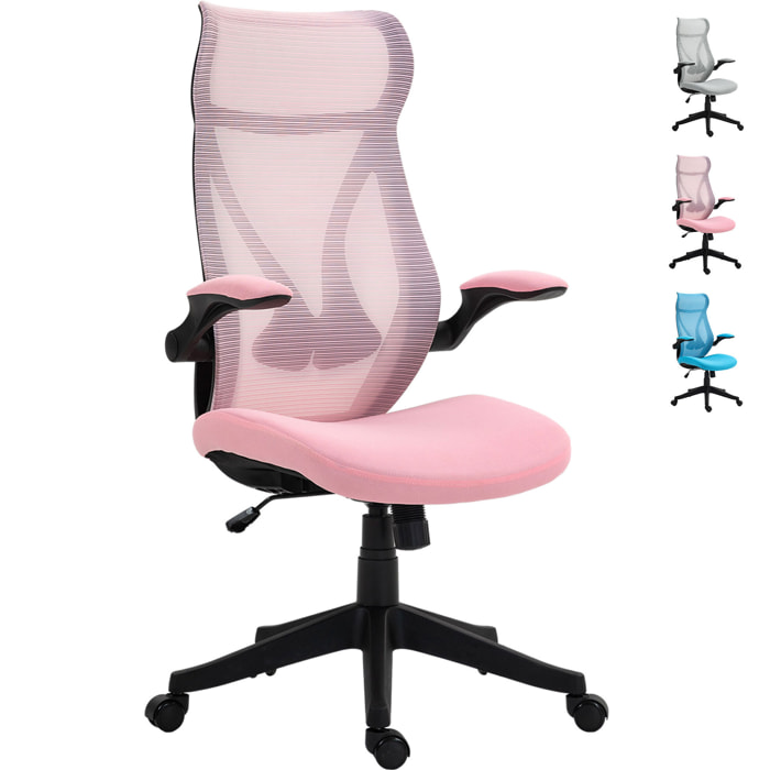 Silla de Escritorio Ergonómica de Malla Silla de Oficina Giratoria con Altura Ajustable Reposabrazos Abatibles y Función de Basculante Silla para Estudio Carga 120 kg Rosa
