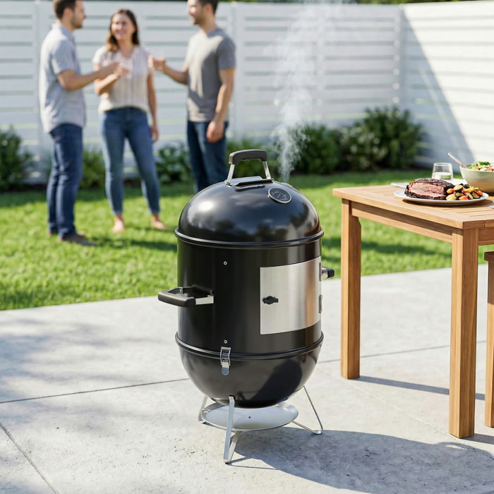 Barbecue braséro fumoir 3 en 1 - 3 grilles de cuisson, thermomètre - noir