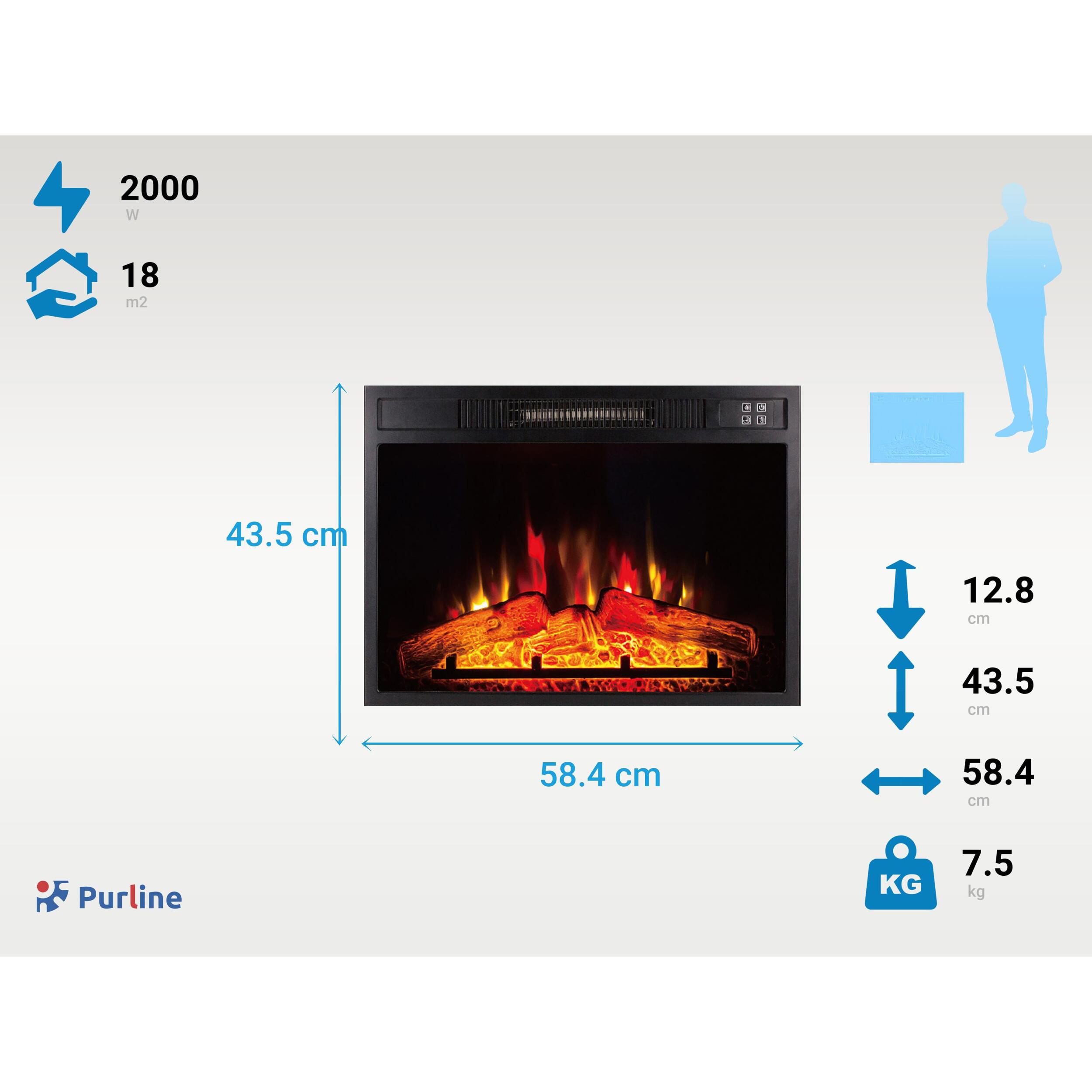 Chimenea eléctrica 2000W cristal templado negro con mando a distancia y llama ajustable CHE-620 PURLINE