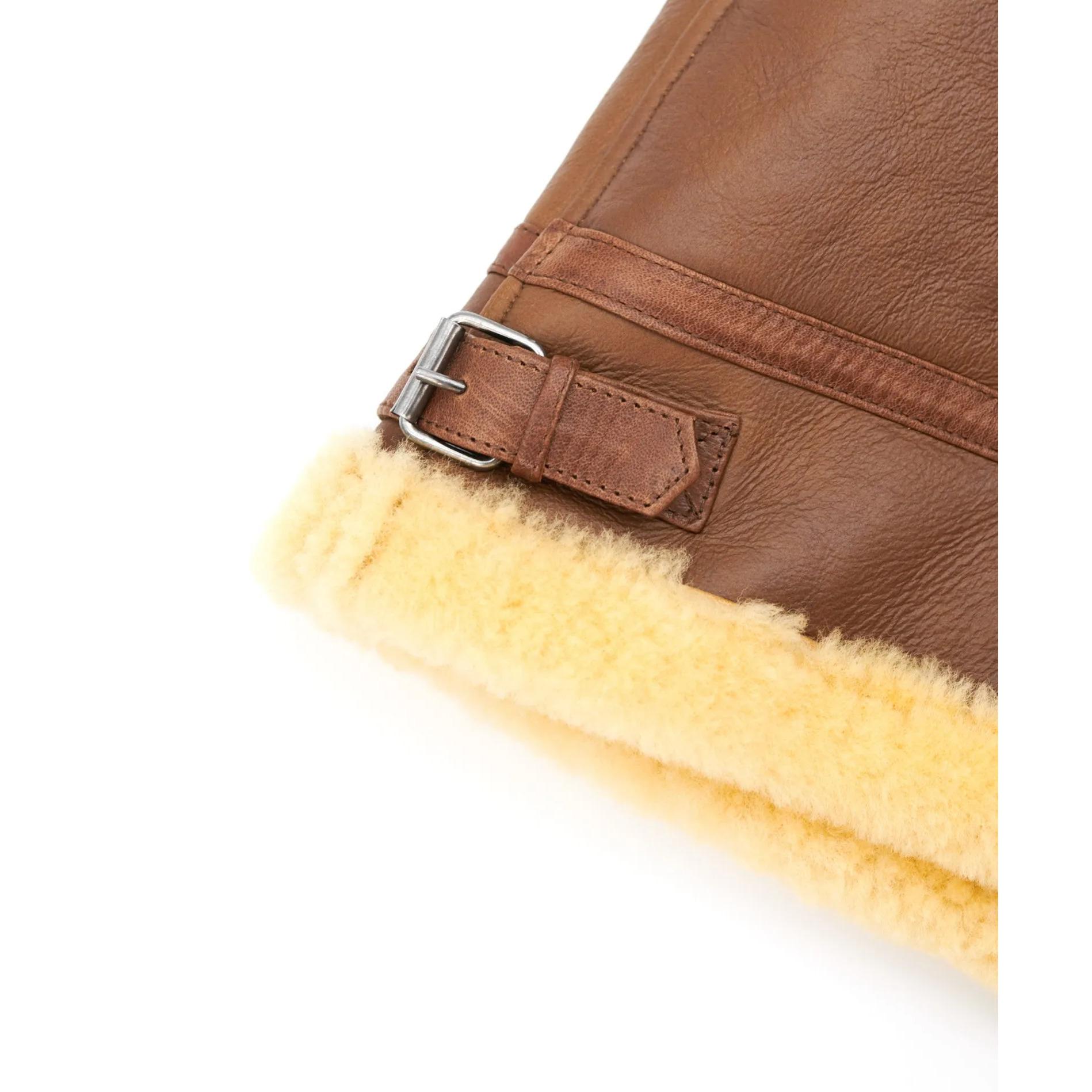 Montone shearling cuoio con fibbie e cerniera centrale