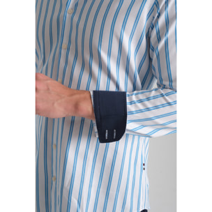 Camicia Uomo 2 Bottoni Button Down Slim Armaturato Riga Larga Bianco e Turchese