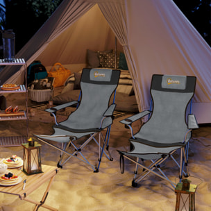 Lot de 2 chaises de camping pliantes - repose-pied amovible, rangements - sac transport - gris