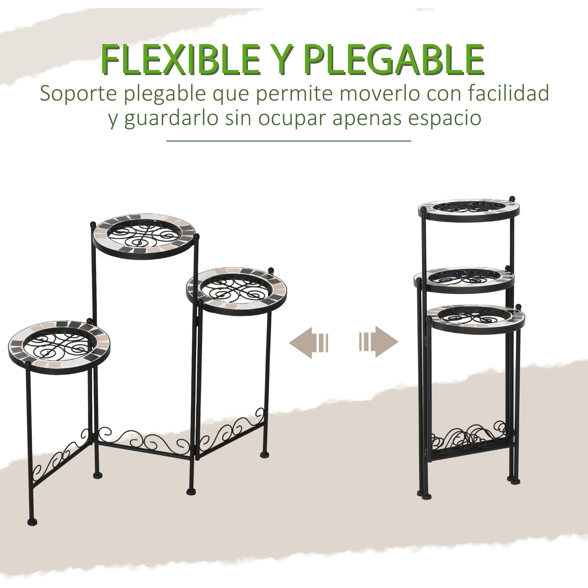 Soporte de Metal para Plantas Mecetas Plegable con 3 Estantes y Borde de Azulejo