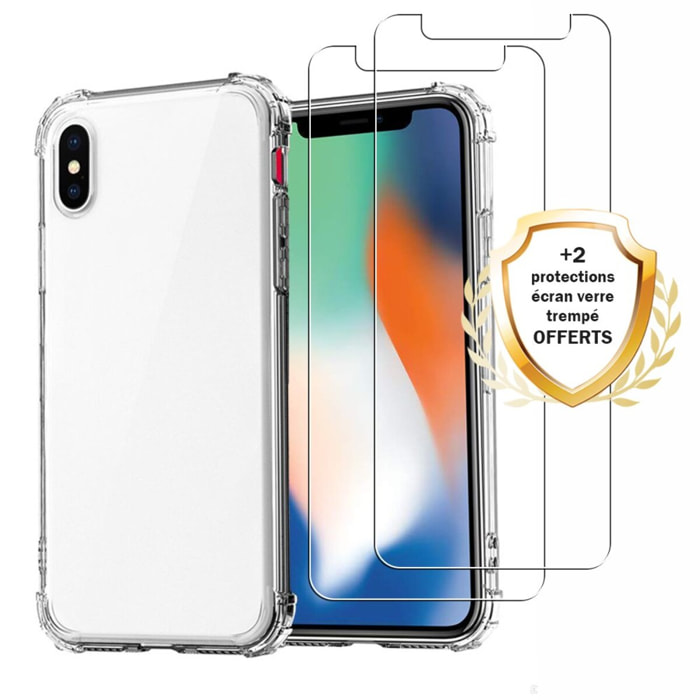 Coque iPhone X/XS Antichocs Silicone + 2 Vitres en Verre Trempé Protection écran