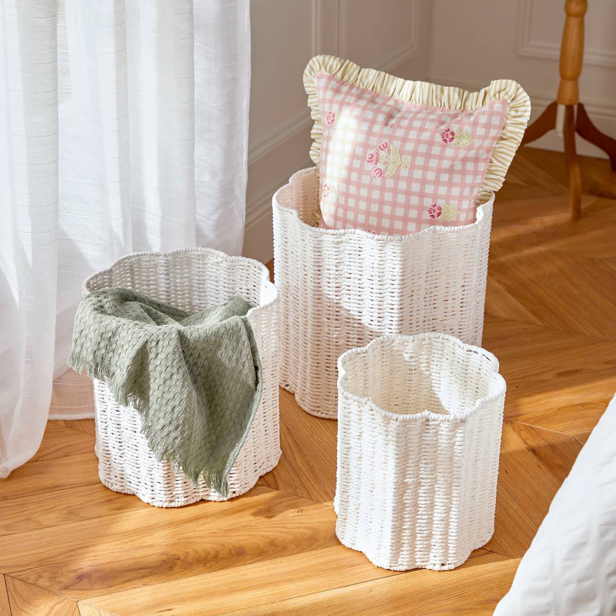 Lot de 3 paniers de rangement Fleur de rose blanc