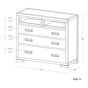 Commode Kenia -bois massif de mindi et placage naturel de mindi-couleur teck 110 x 95 x 45 cm