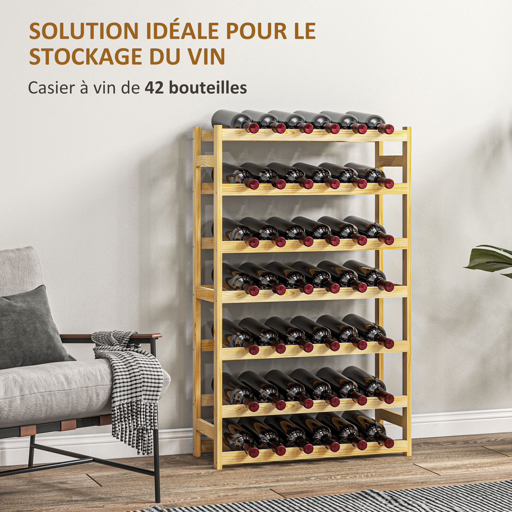 Casier bouteilles vin 42 bouteilles - rack à bouteille en bois 7 niveaux - range bouteille pin verni