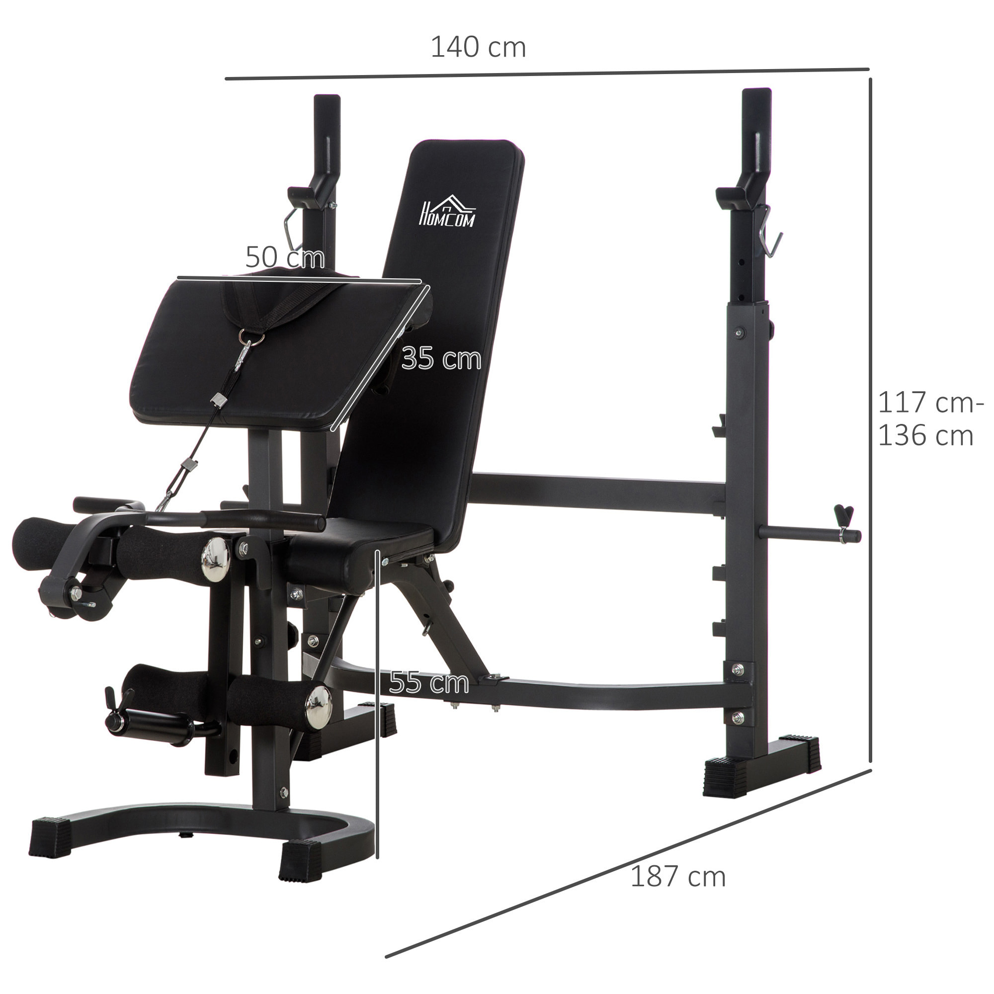 Banco de Musculación Inclinable Soporte de Barras Ajustable 187x140x117-136 cm