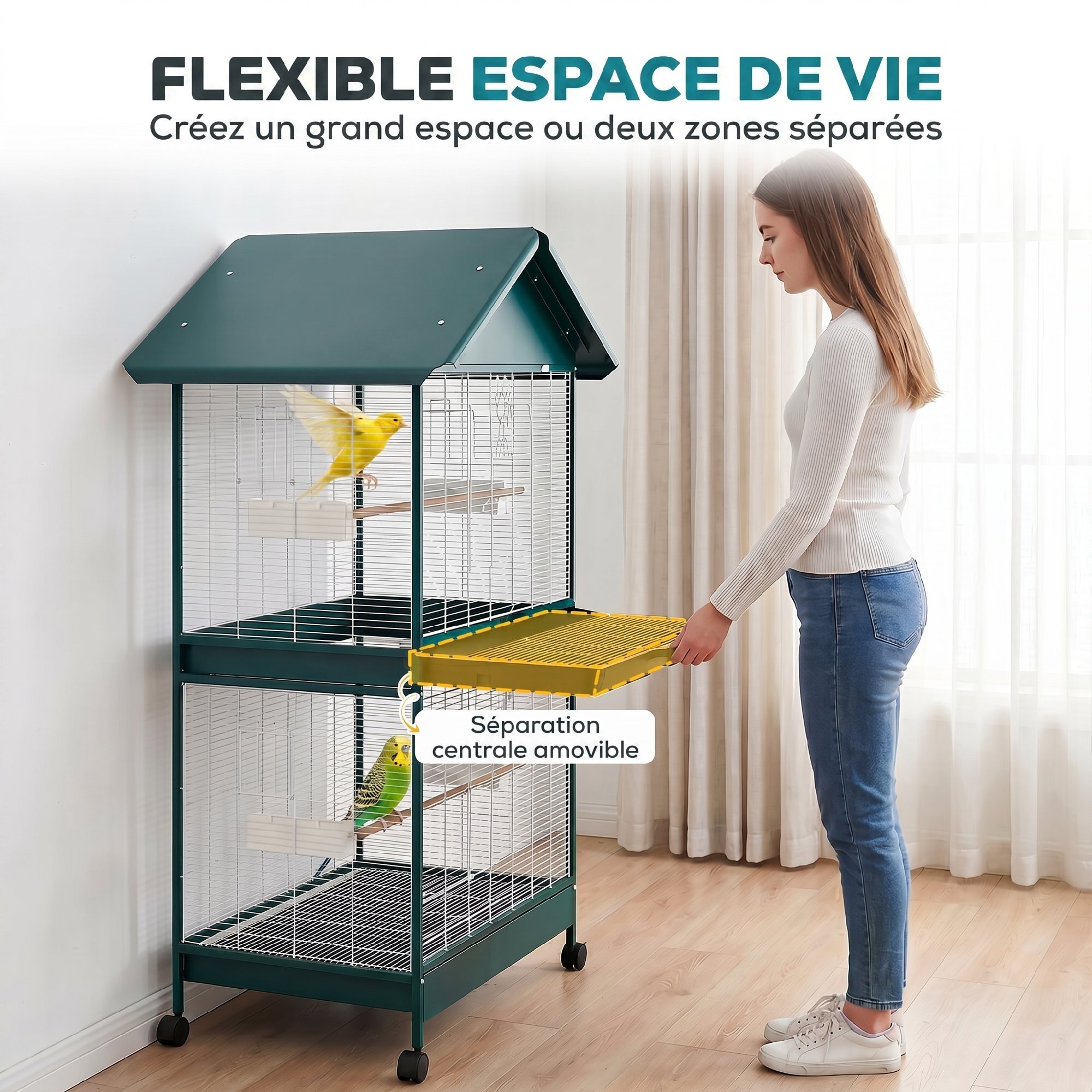 Cage à oiseaux mobile - volière grande taille - séparateur amovible - métal - 94x70x158 cm - vert