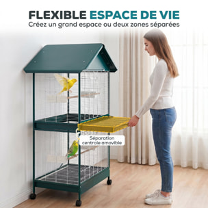 Cage à oiseaux mobile - volière grande taille - séparateur amovible - métal - 94x70x158 cm - vert