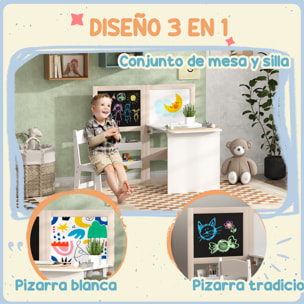 Mesa y Silla Infantil de 2 Piezas Mesa Infantil con Silla y Caballete Plegable Mesa para Niños de +3 Años con Estantes y Rollo de Papel para Dormitorio Sala de Juegos Blanco