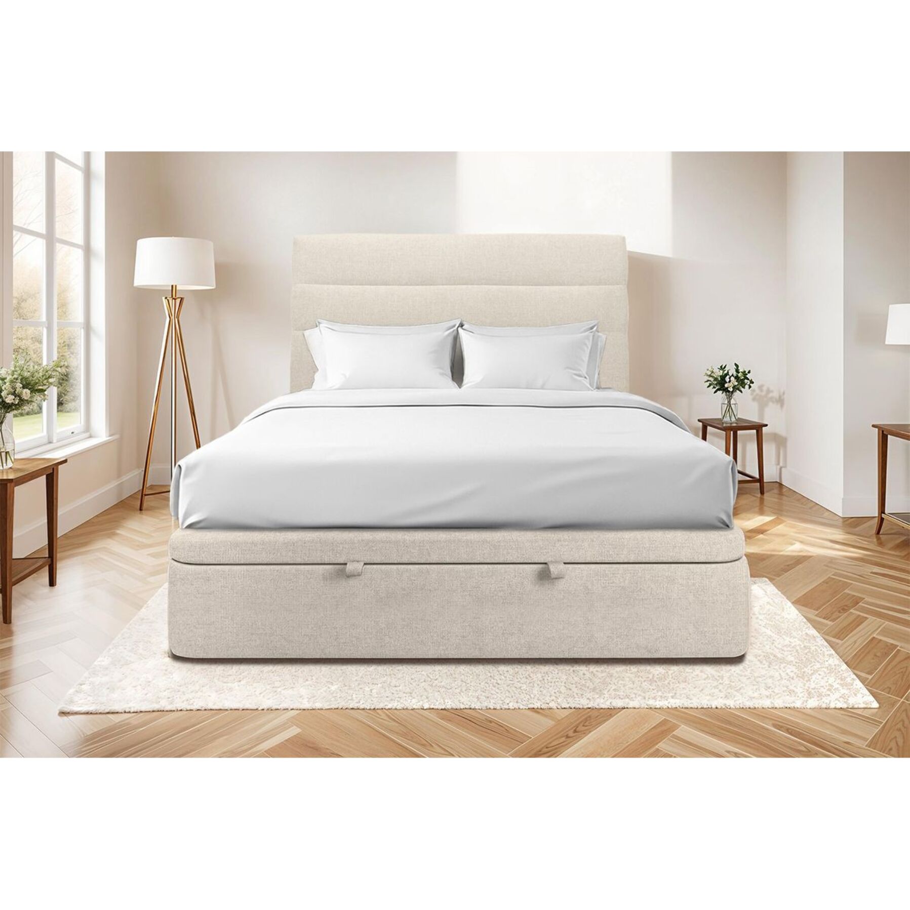 Lit avec sommier et tête de lit à lignes - Toile nattée au style contemporain - Adapté à tous les matelas, montage rapide - Lignes élégantes - Grand Rangement