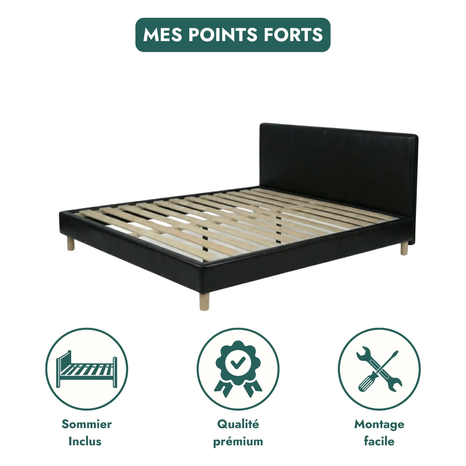 Ensemble matelas Bali & lit fixe Colisée | Mémoire de forme et ressorts ensachés | cadre à lattes | Simili cuir | Noir