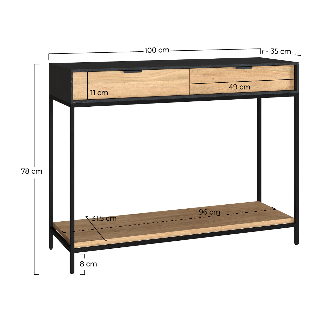 Console 2 tiroirs en bois d'acacia et pieds en métal noir - Jakson