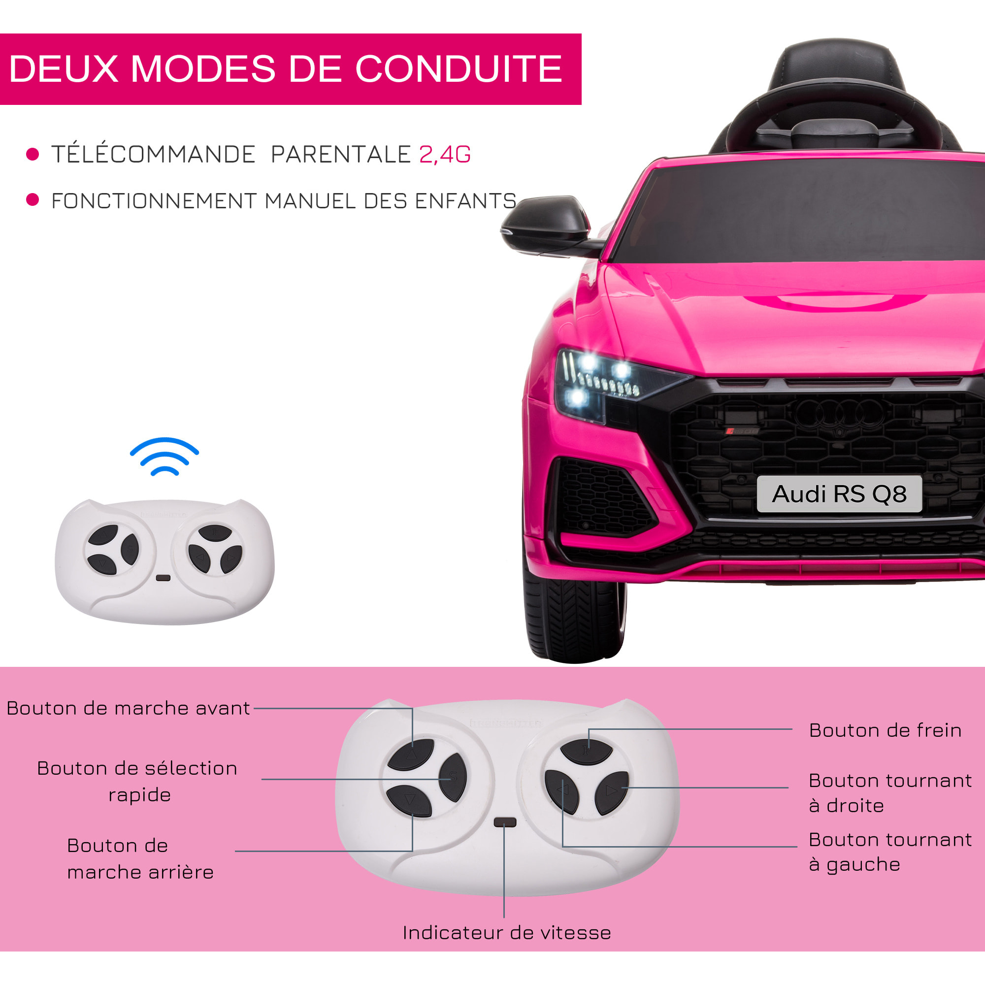 Voiture électrique enfant licence officielle Audi RS Q8 - 2 moteurs - télécommande - effets sonores, lumineux - rose