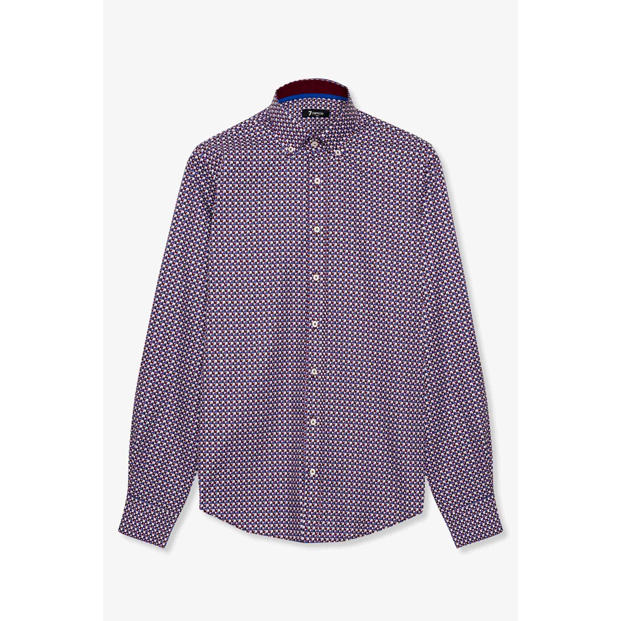camicia uomo 1 bottone button down slim Popeline Stampato Bordeaux/Blu