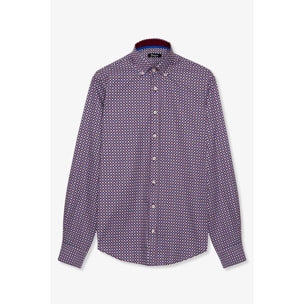 camicia uomo 1 bottone button down slim Popeline Stampato Bordeaux/Blu