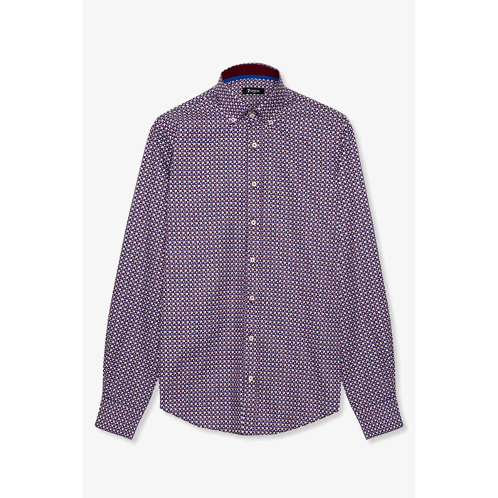camicia uomo 1 bottone button down slim Popeline Stampato Bordeaux/Blu