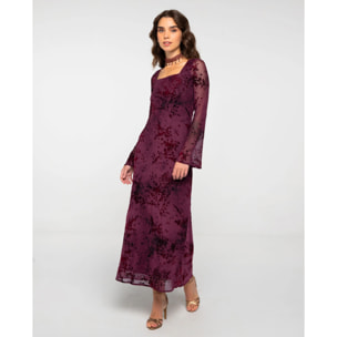 Vestido largo flocado granate con escote cuadrado de mujer