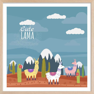 Affiche illustration lamas et sommets enneigés Affiche + cadre en bois - Chêne